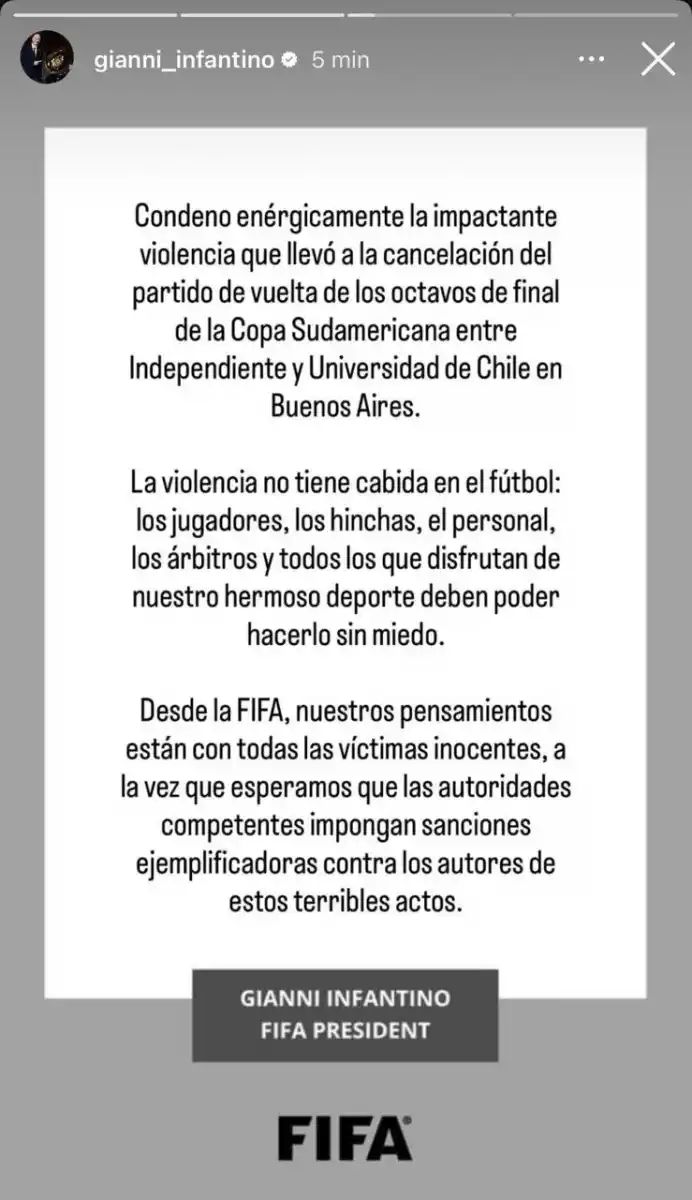 El fútbol debe vivirse sin miedo”: Infantino lanzó un fuerte comunicado tras la violencia en Avellaneda