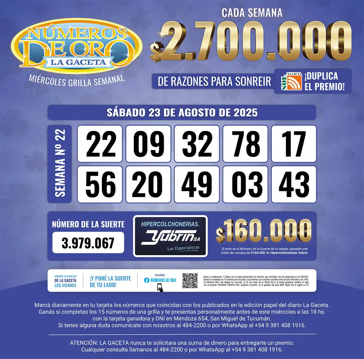 Los Números de Oro de LA GACETA del 23 de agosto de 2025