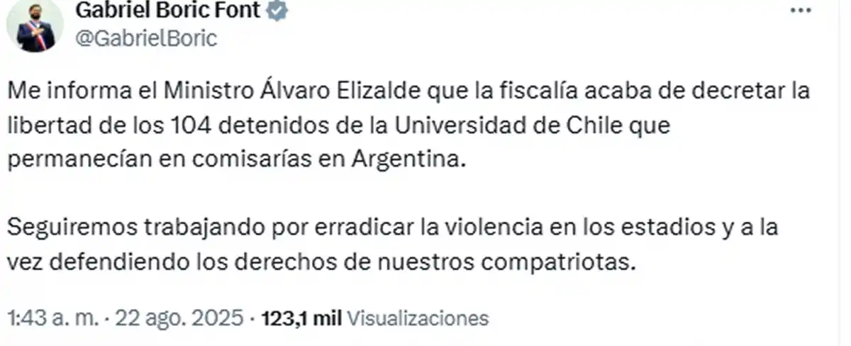 Gabriel Boric celebró la liberación de los hinchas de Universidad de Chile
