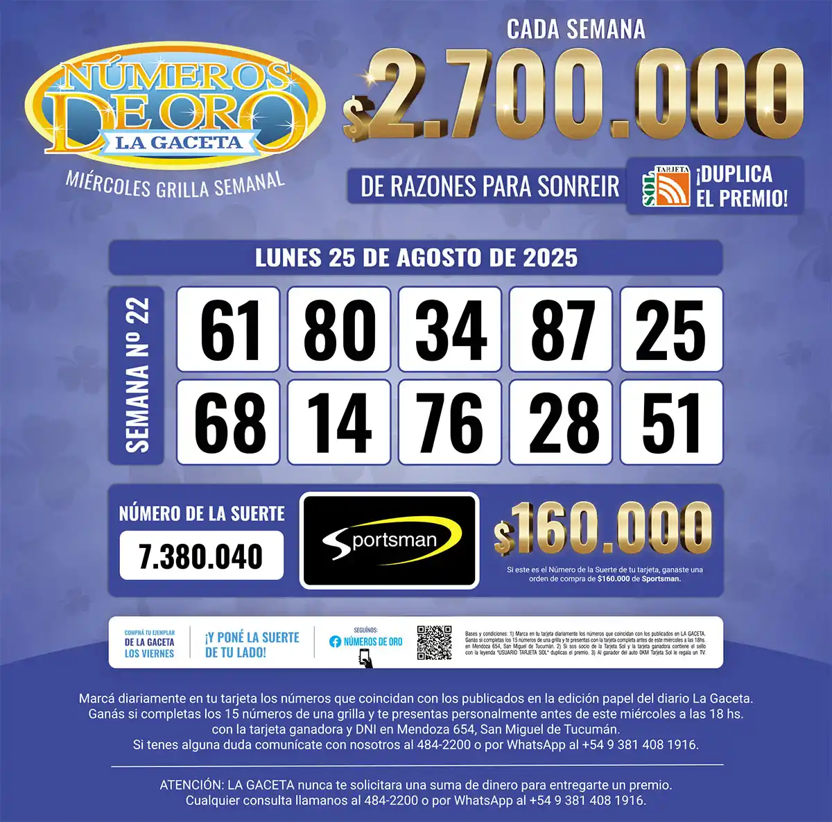 Los Números de Oro de LA GACETA del 25 de agosto de 2025