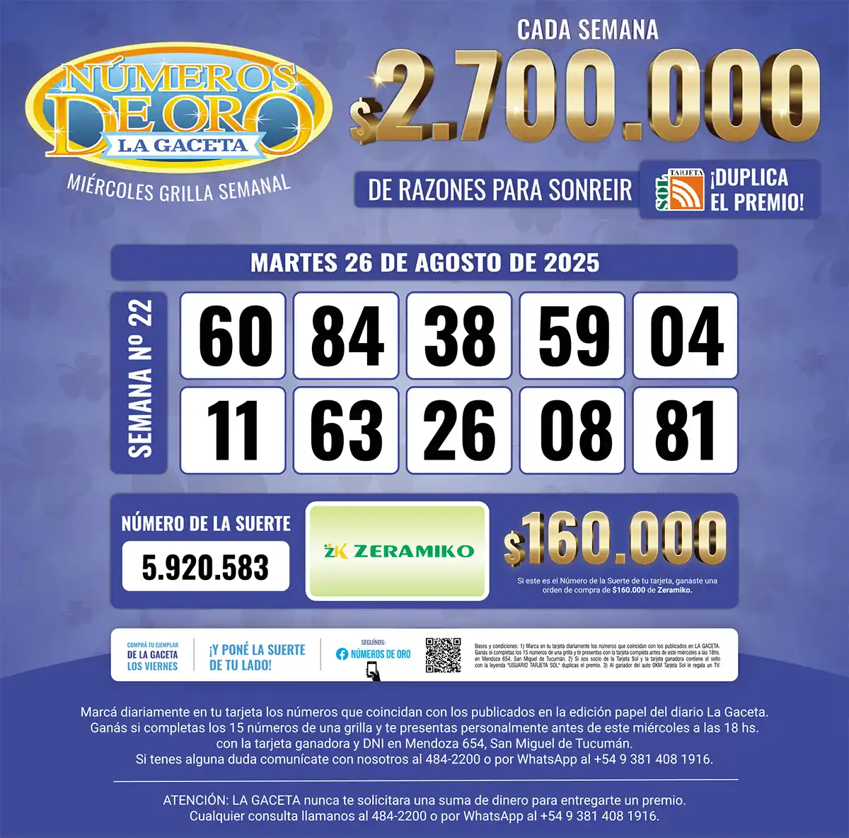 Los Números de Oro de LA GACETA del 26 de agosto de 2025