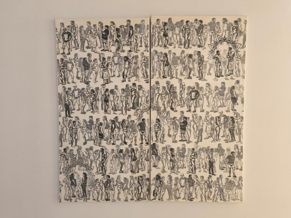 COLLAGE. “Match”es un díptico de 199 estampas de linograbado sobre papel de seda, montados sobre lienzo, de Damián Esteban Díaz.