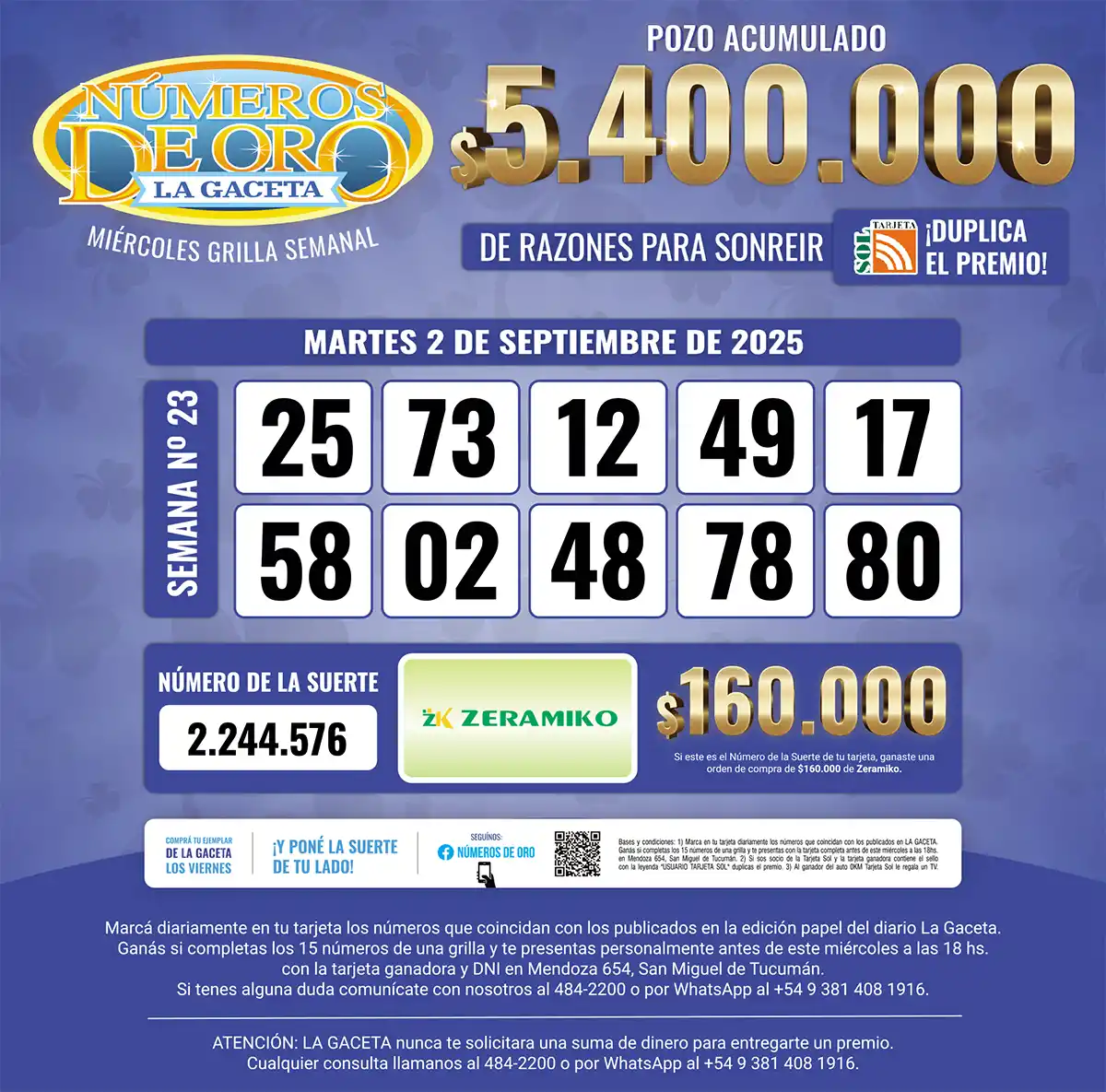 Los Números de Oro de LA GACETA del 2 de septiembre de 2025