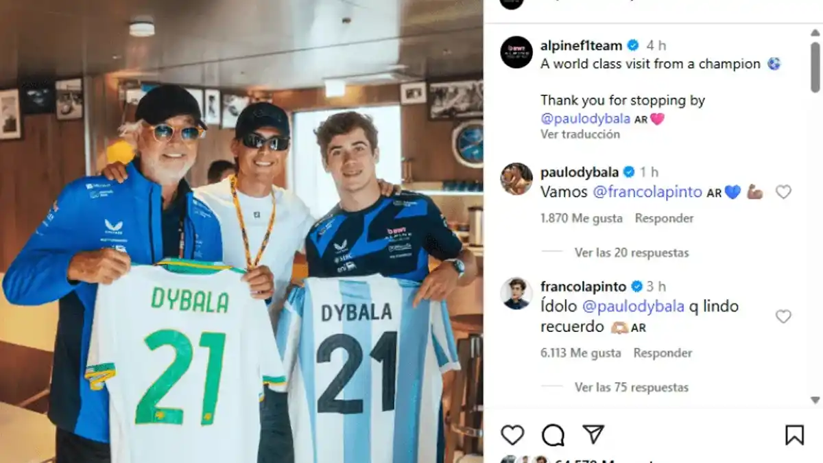 VISITA DE LUJO. La cuenta oficial de Alpine compartió la postal y Dybala dejó su mensaje en los comentarios.