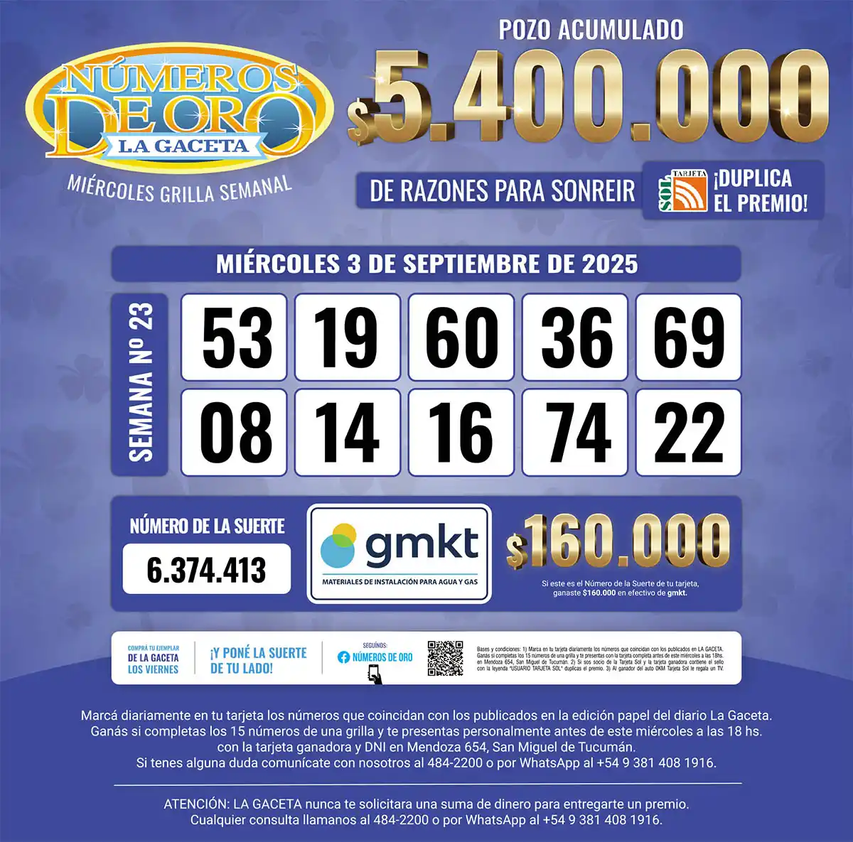 Los Números de Oro de LA GACETA del 3 de septiembre de 2025