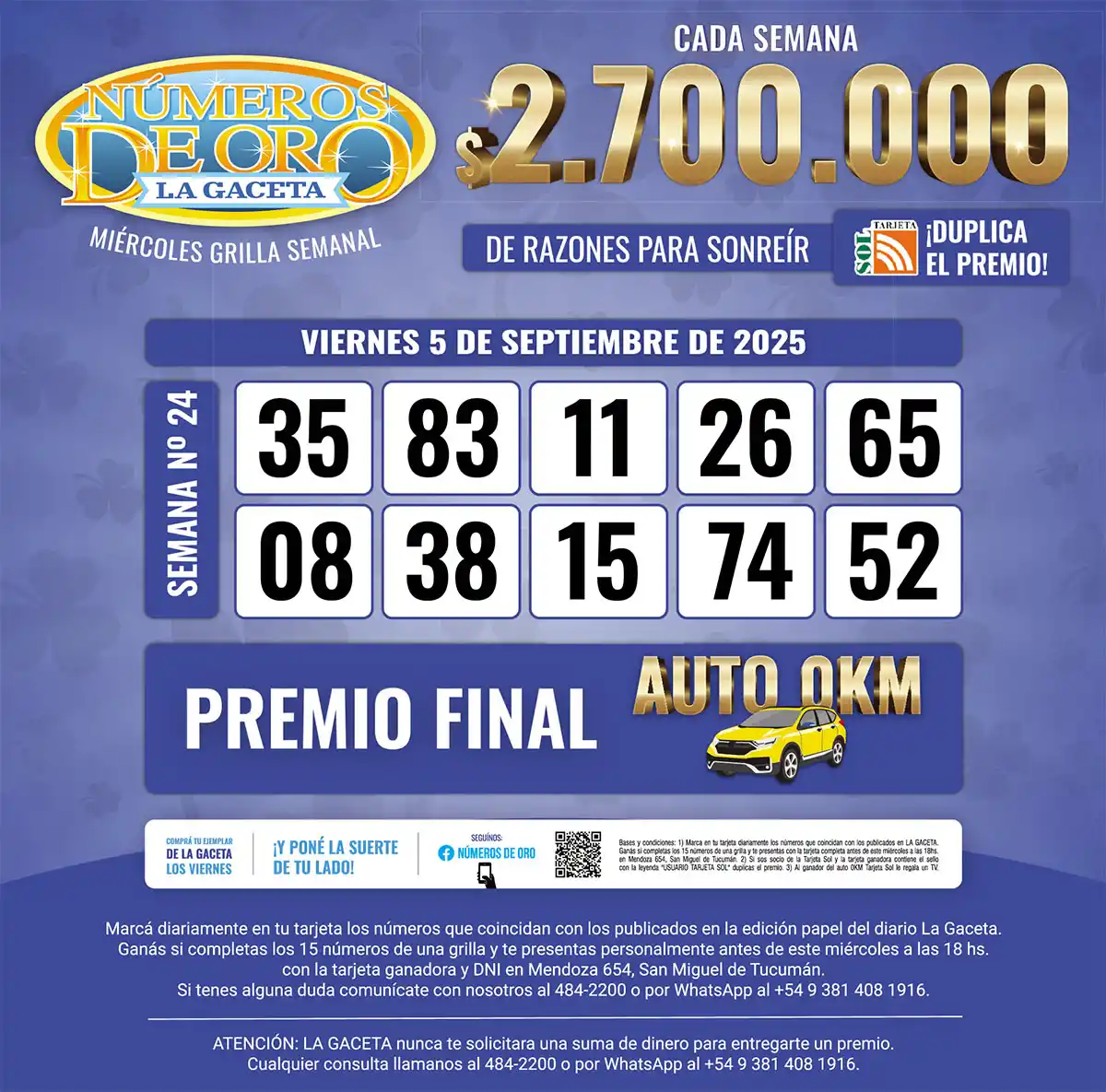 Los Números de Oro de LA GACETA del 5 de septiembre de 2025