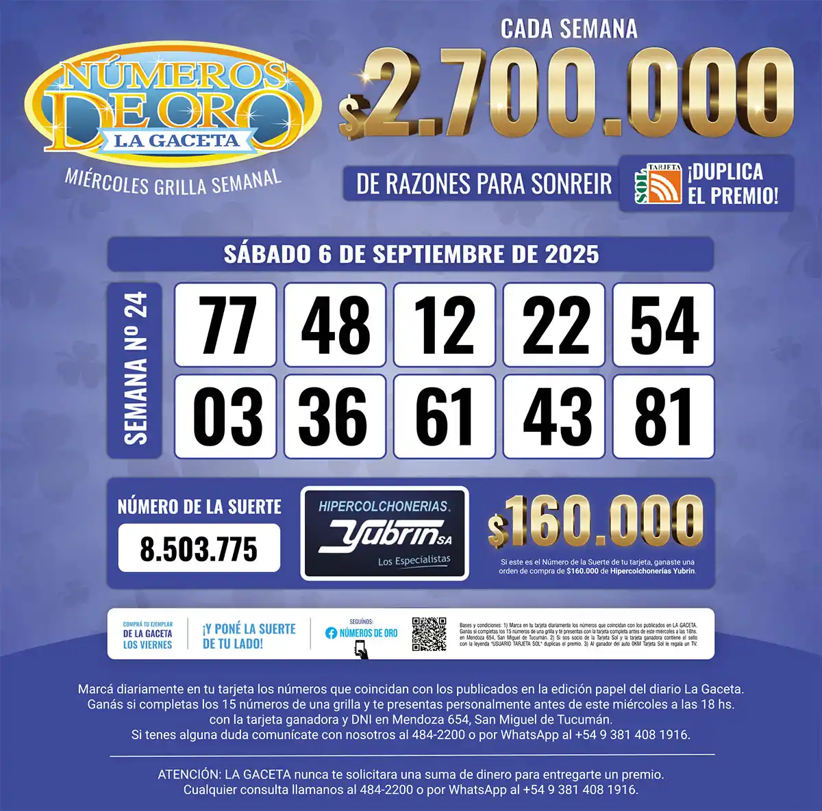 Los Números de Oro de LA GACETA del 6 de septiembre de 2025