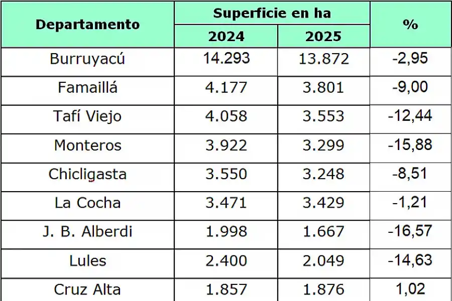 Tabla 2: Variación superficie implantada con Citrus entre las campañas 2025 y 2024.