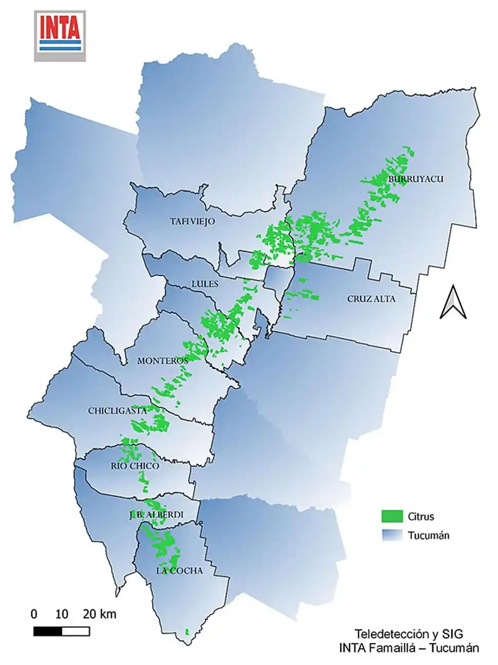 Figura 1: Distribución espacial de la superficie cultivada con cítricos en la provincia de Tucumán durante la campaña 2025.