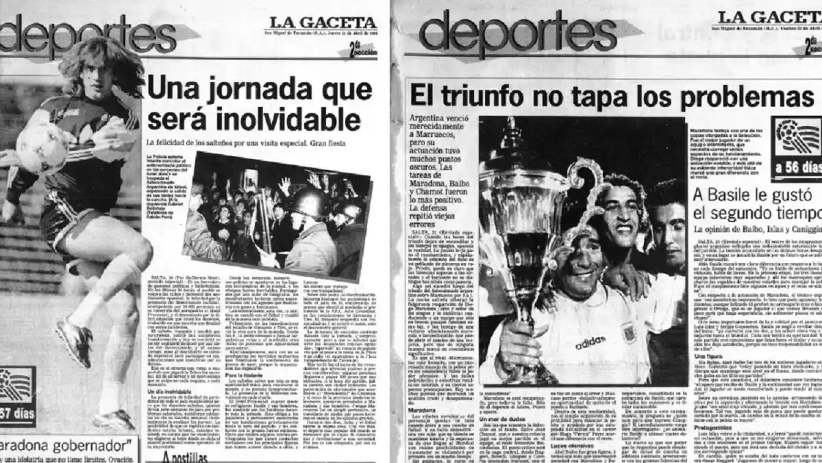 RECUERDO. Páginas de LA GACETA con Batistuta y Maradona feliz con el trofeo.