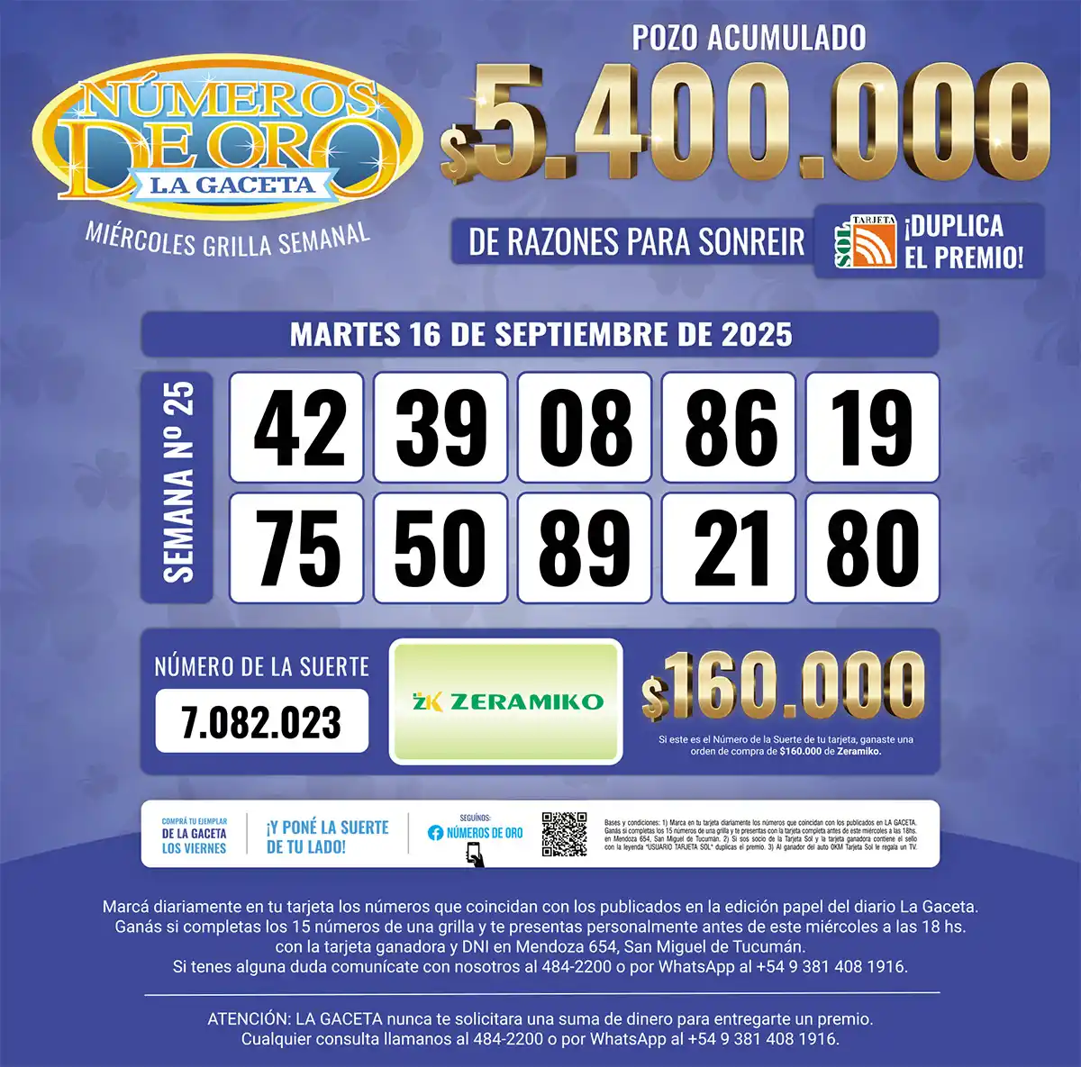 Los Números de Oro de LA GACETA del 16 de septiembre de 2025