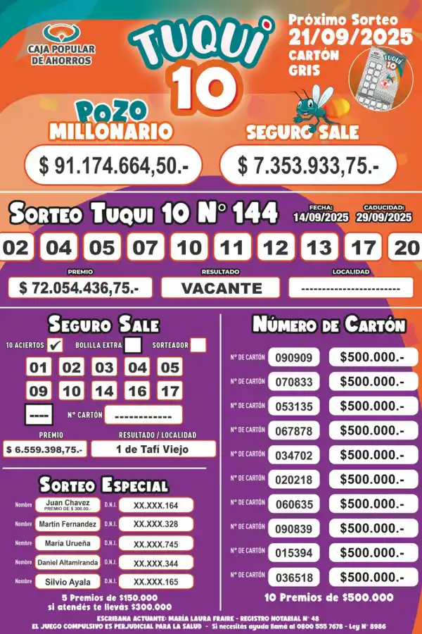 Tuqui 10: ¿cómo salió el sorteo del domingo 14 de septiembre?