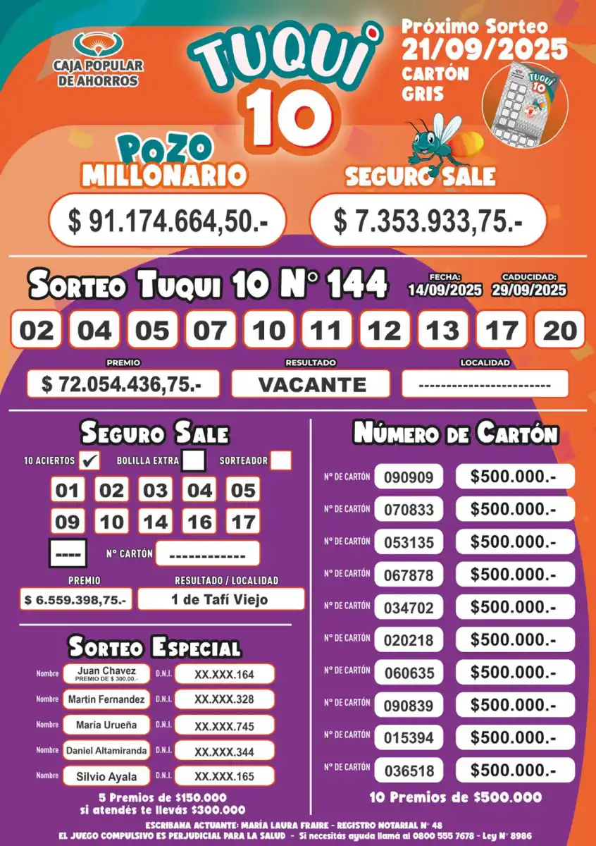 Tuqui 10: ¿cómo salió el sorteo del domingo 14 de septiembre?