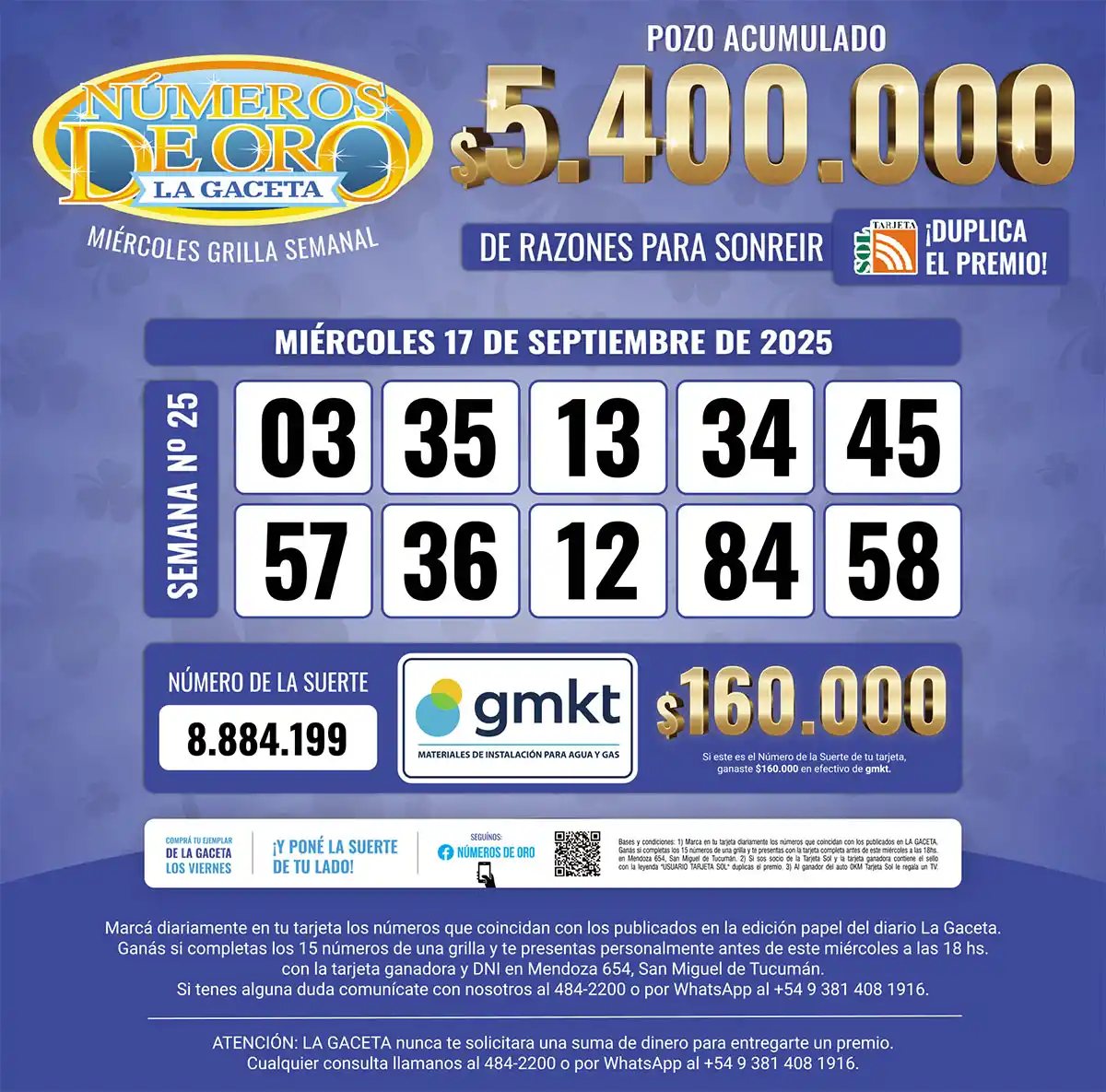 Los Números de Oro de LA GACETA del 17 de septiembre de 2025