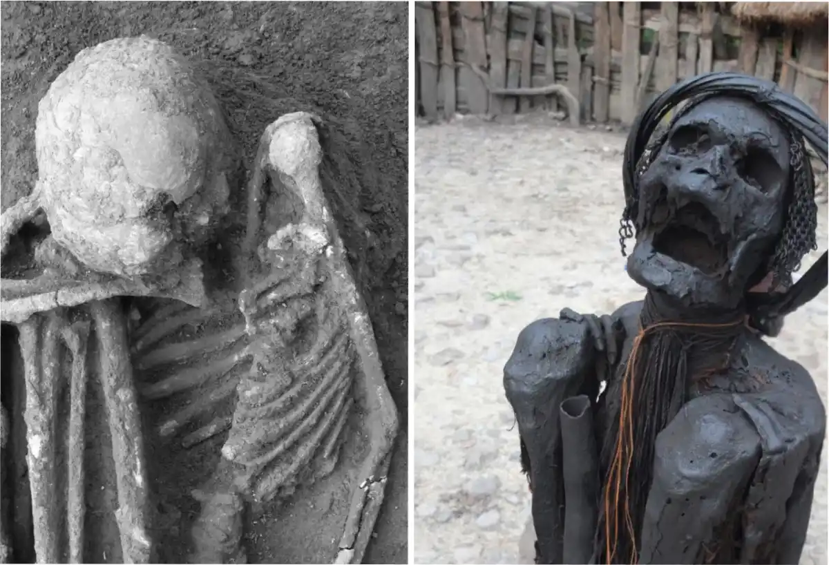 Hallaron las momias más antiguas en el sudeste asiático. Izquierda, la momia de un hombre de mediana edad,  A la derecha, momia moderna perteneciente al pueblo dani. 