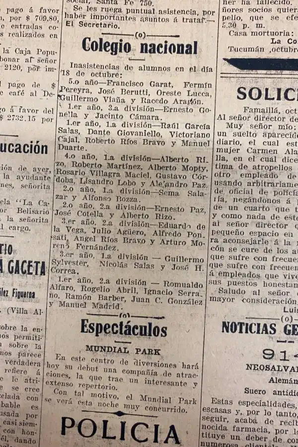 Recuerdos fotográficos: 1916. Se publican en el diario las inasistencias del Colegio Nacional