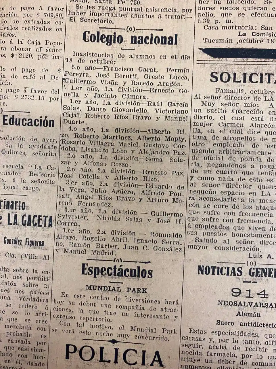 Recuerdos fotográficos: 1916. Se publican en el diario las inasistencias del Colegio Nacional