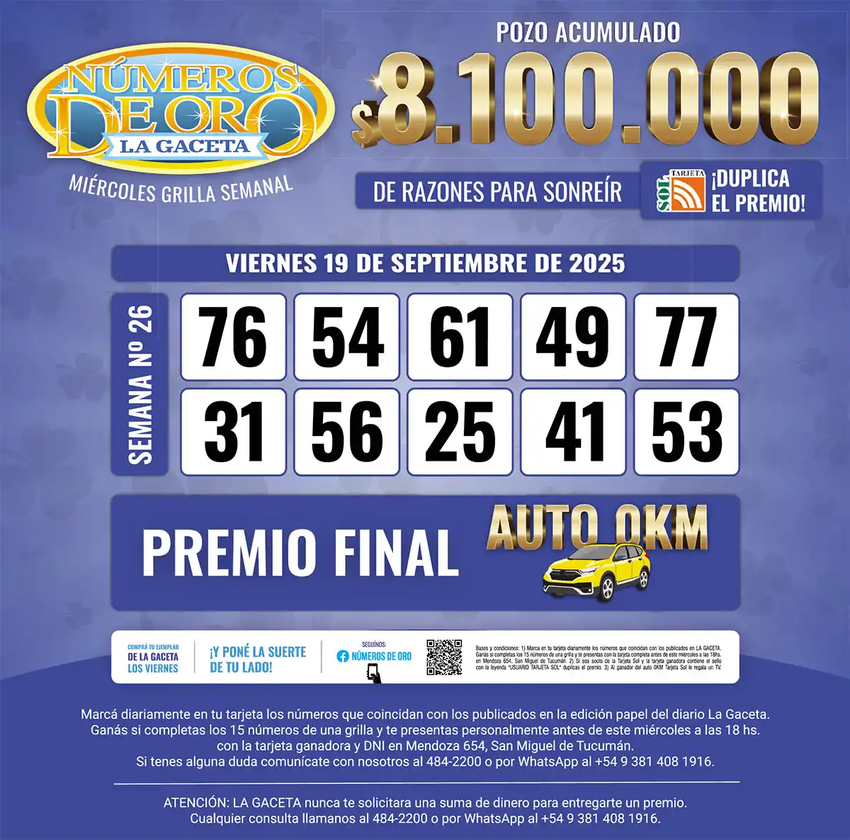 Los Números de Oro de LA GACETA del 19 de septiembre de 2025