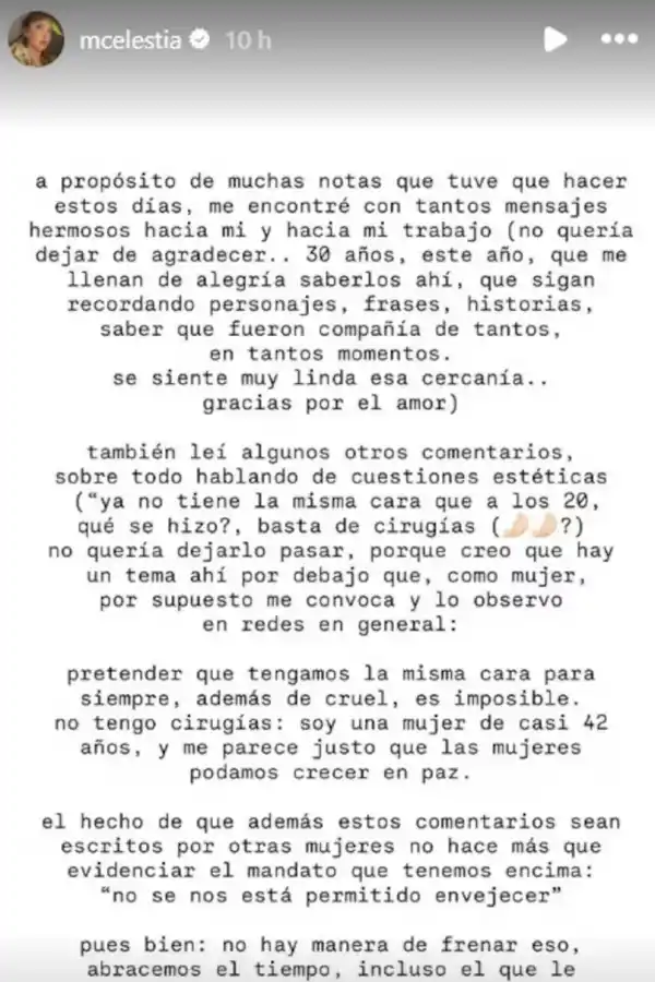 Descargo de Celeste Cid en Instagram 