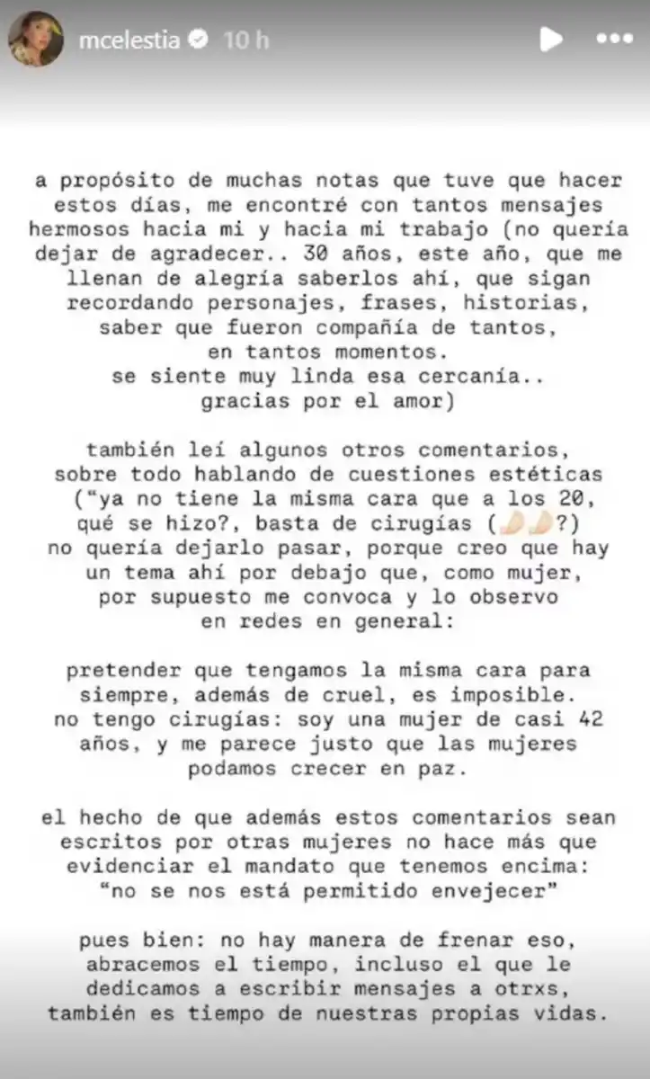 Descargo de Celeste Cid en Instagram 