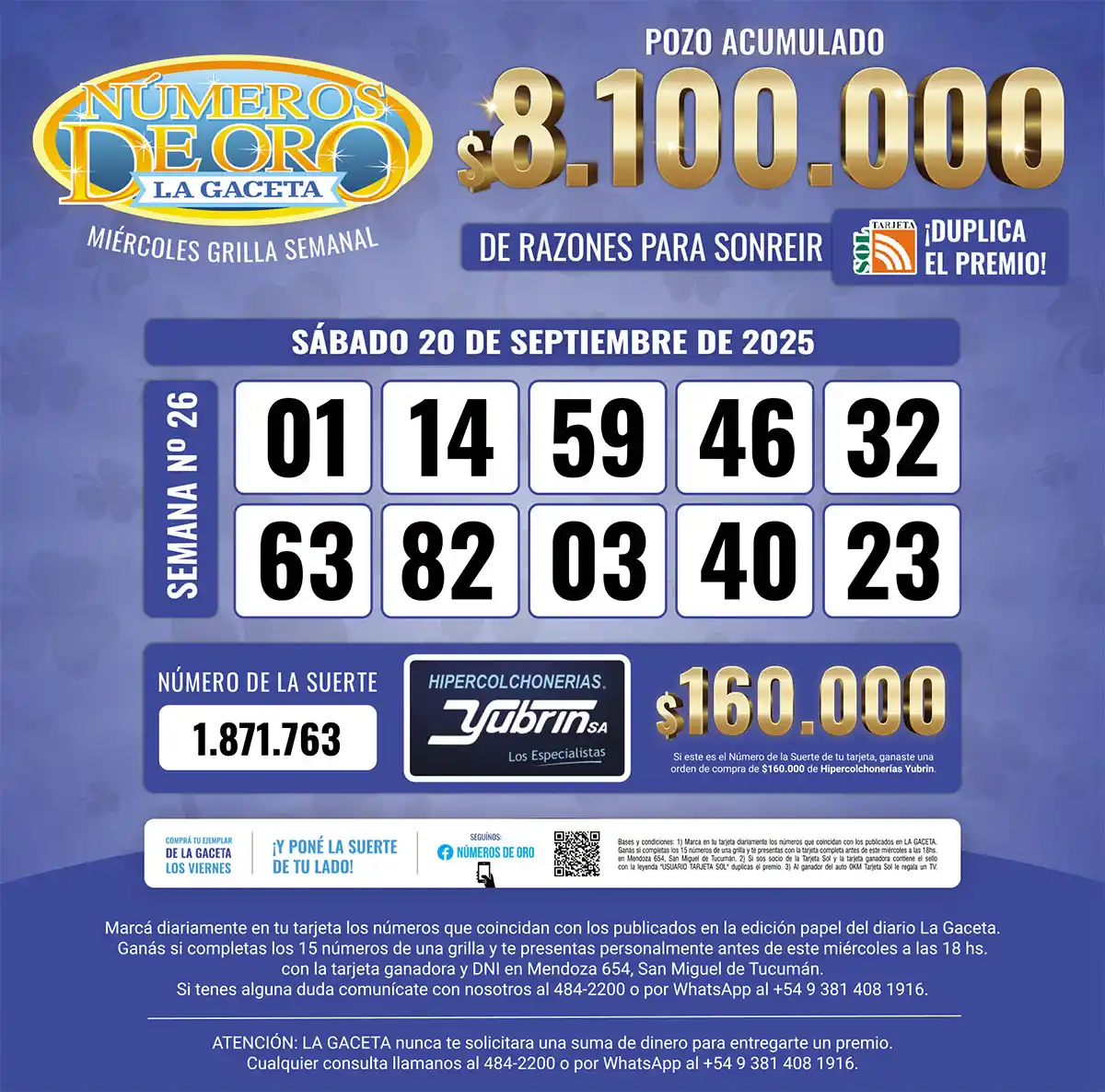 Los Números de Oro de LA GACETA del 20 de septiembre de 2025