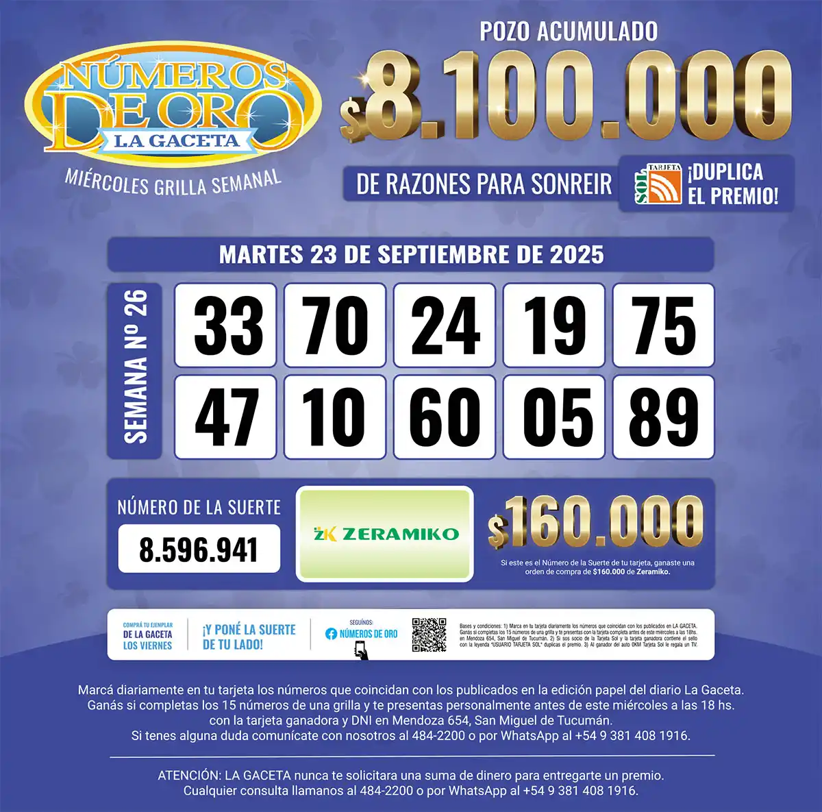 Los Números de Oro de LA GACETA del 23 de septiembre de 2025