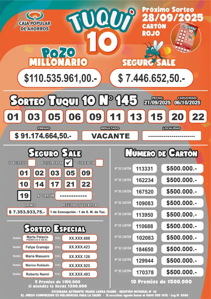 Tuqui 10: ¿cómo salió el sorteo del domingo 21 de septiembre?