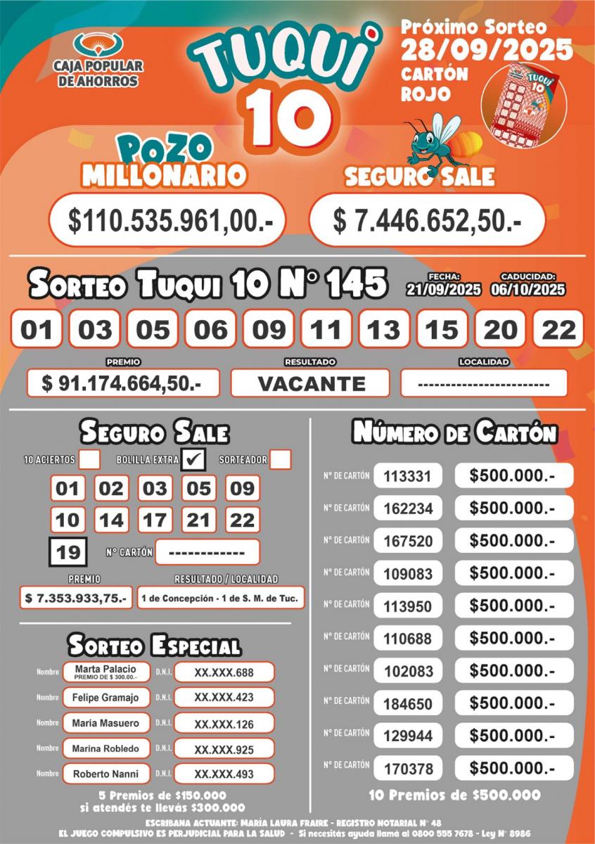 Tuqui 10: ¿cómo salió el sorteo del domingo 21 de septiembre?