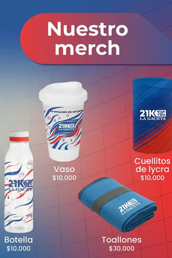 MERCH OFICIAL. Botellas, vasos, cuellitos y toallones con la identidad visual de la media maratón ya están disponibles para quienes quieran vestir la pasión de los 21K.