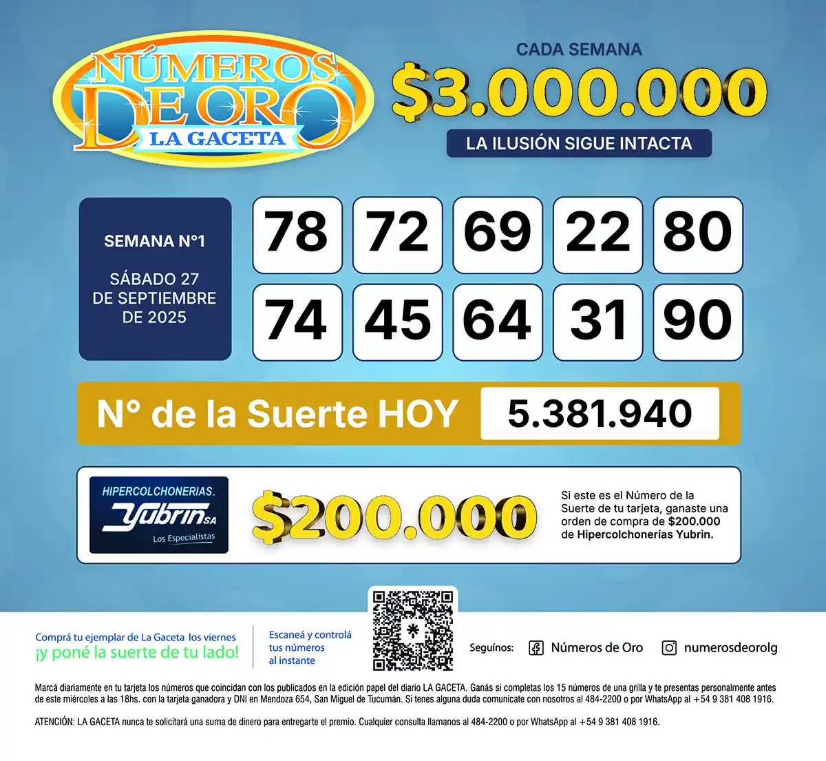 Los Números de Oro de LA GACETA del 27 de septiembre de 2025