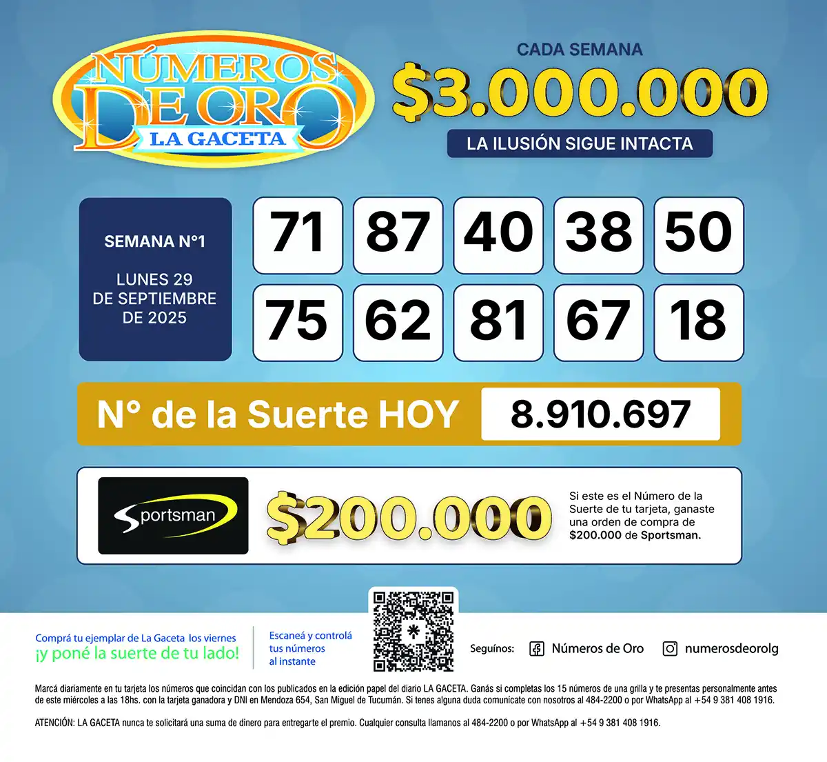 Los Números de Oro de LA GACETA del 29 de septiembre de 2025