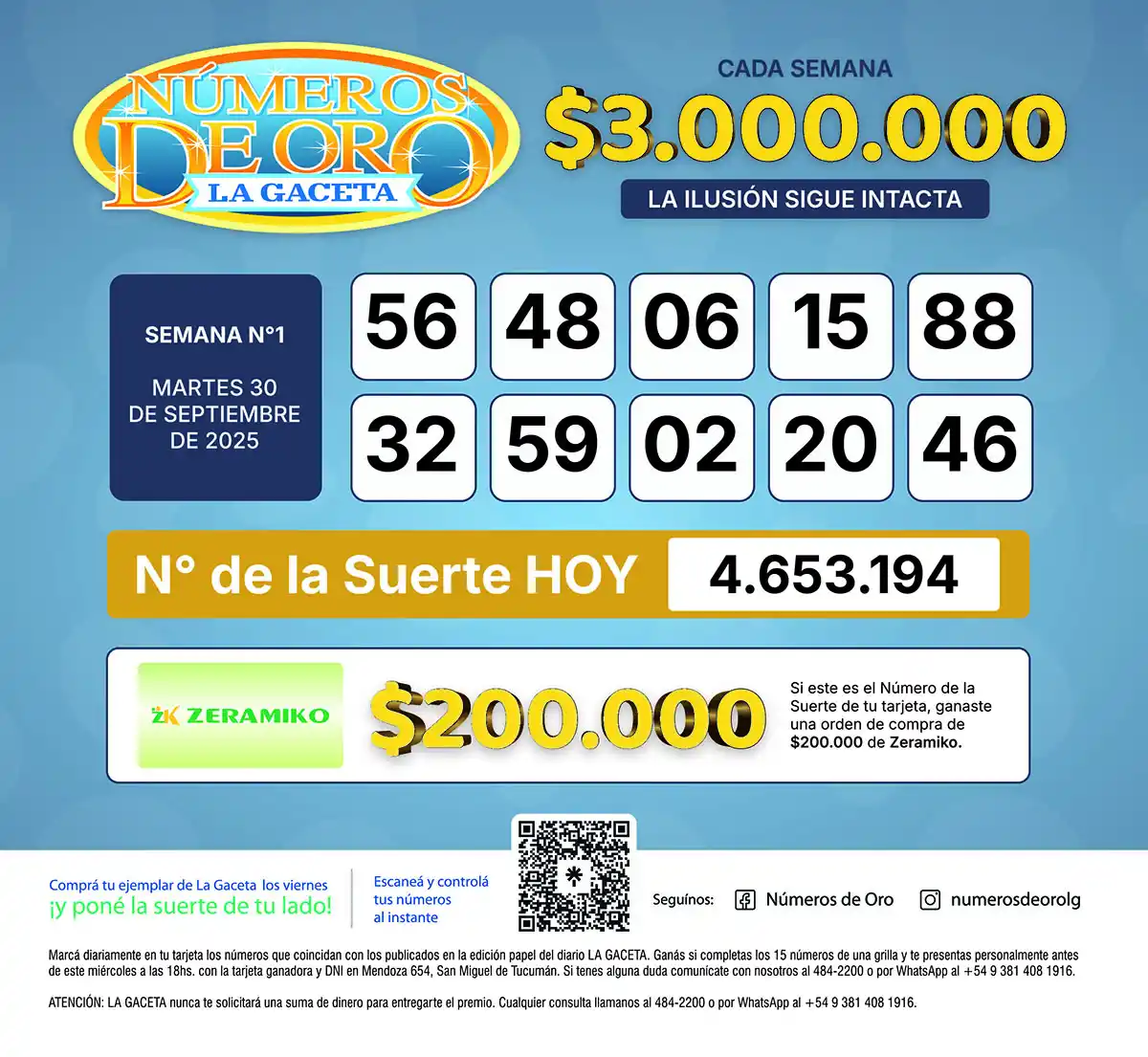 Los Números de Oro de LA GACETA del 30 de septiembre de 2025