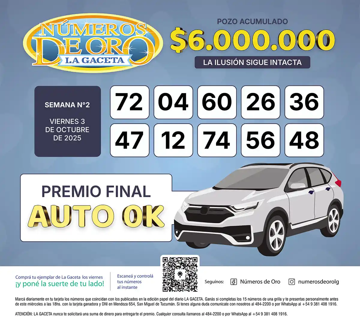 Los Números de Oro de LA GACETA del 3 de octubre de 2025