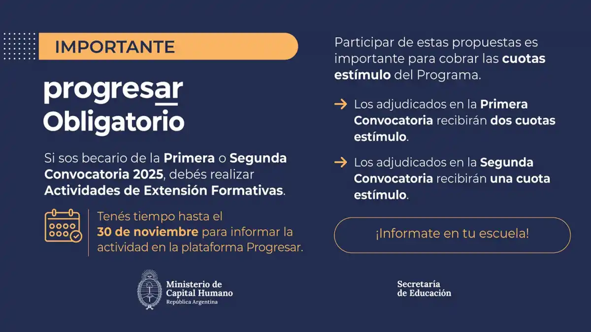 BECAS PROGRESAR. Los beneficiarios del Progresar Obligatorio pueden acceder a cuotas extra si validan actividades formativas.