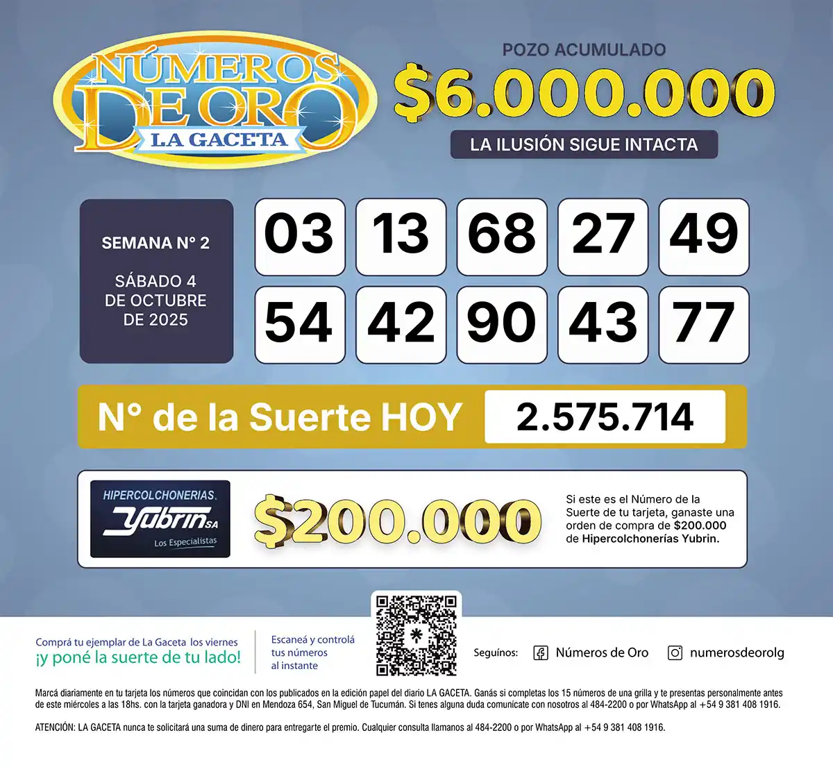 Los Números de Oro de LA GACETA del 4 de octubre de 2025
