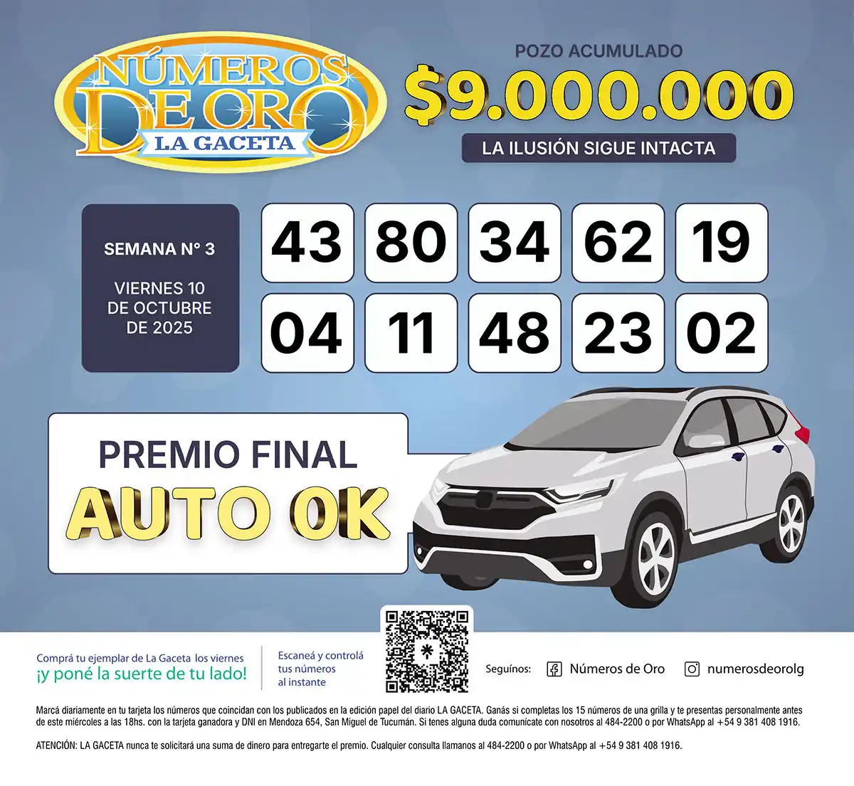 Los Números de Oro de LA GACETA del 10 de octubre de 2025