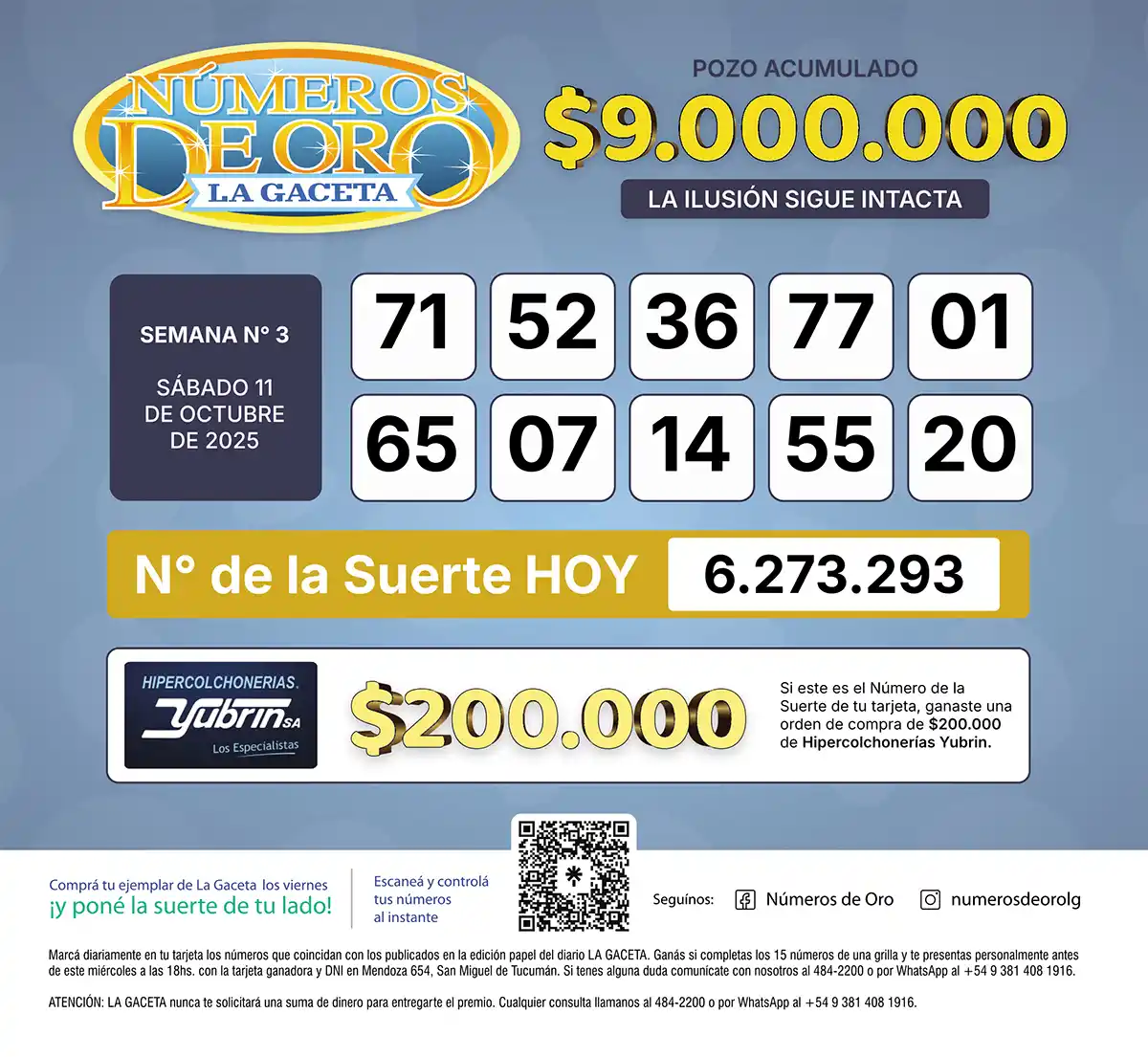 Los Números de Oro de LA GACETA del 11 de octubre de 2025