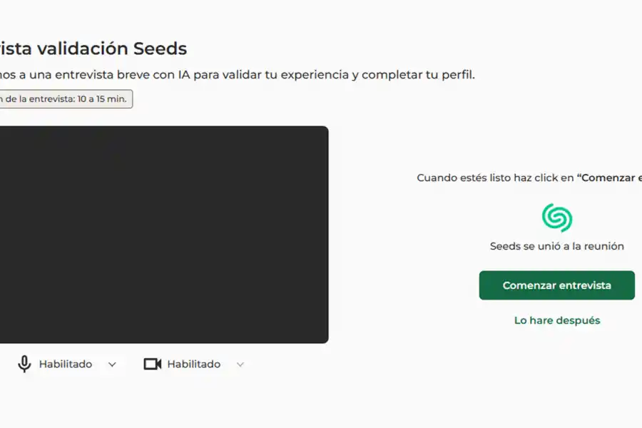 CON IA. Para probar la entrevista robotizada de SeedsMatch sólo hace falta cargar el currículum vitae y una cuenta en LinkedIn. / CAPTURA DE PANTALLA