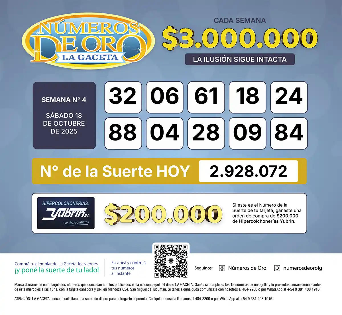 Los Números de Oro de LA GACETA del 18 de octubre de 2025