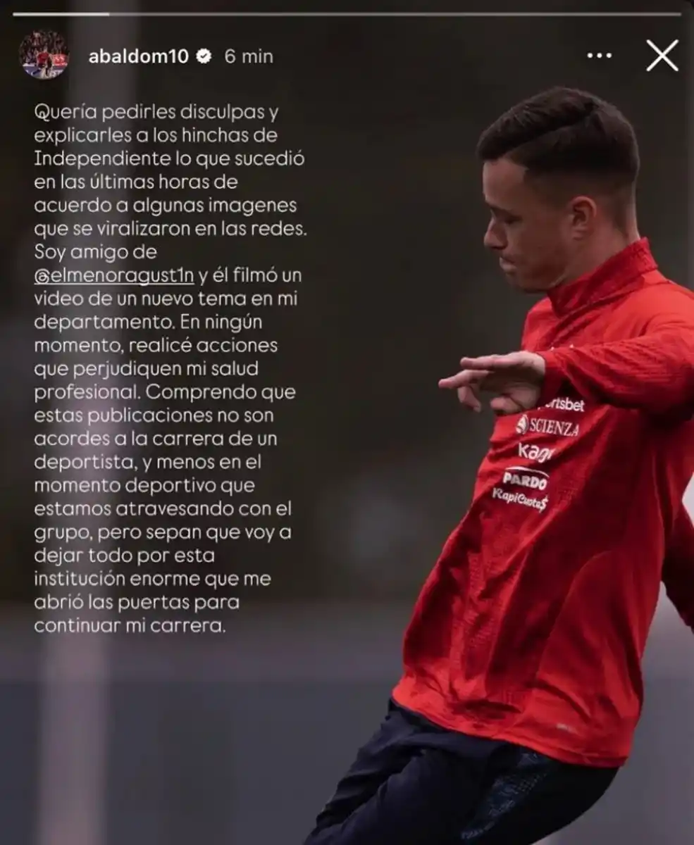 Escándalo en Independiente: Matías Abaldo pidió disculpas tras la filtración de fotos con drogas y alcohol en su departamento