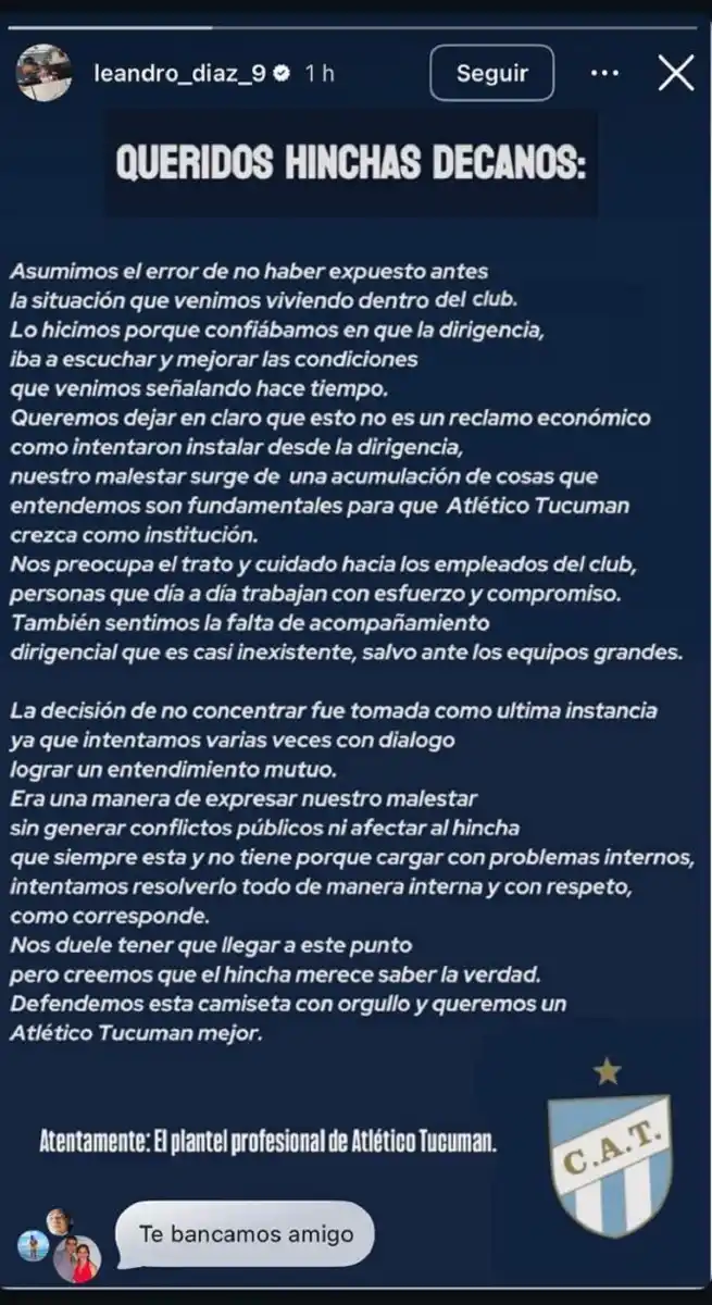 “El hincha merece saber la verdad”: el fuerte comunicado del plantel de Atlético Tucumán contra la dirigencia