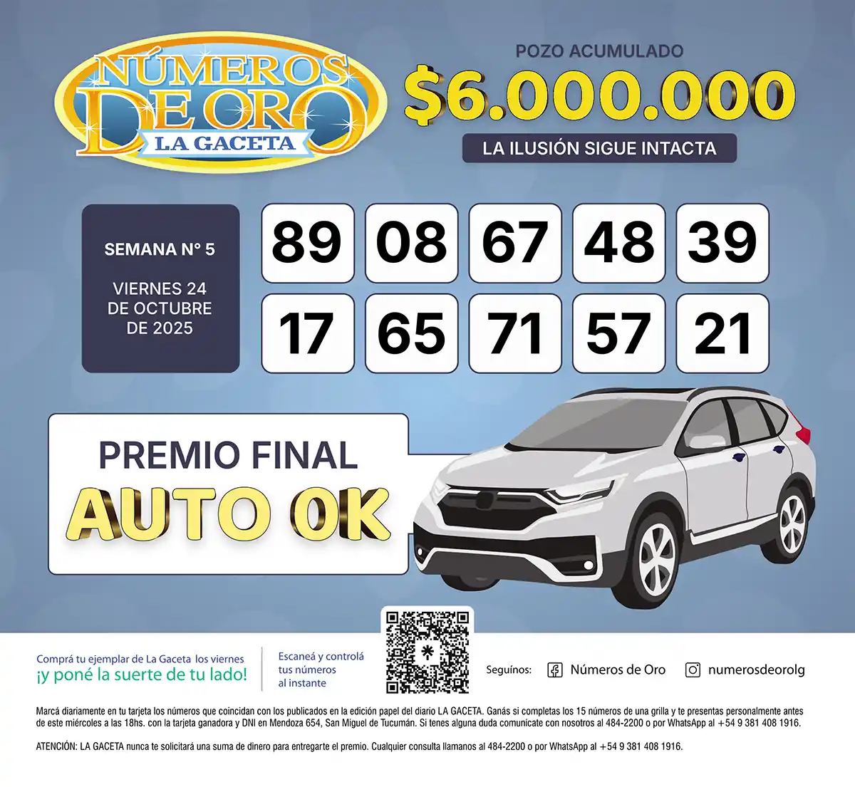 Los Números de Oro de LA GACETA del 24 de octubre de 2025