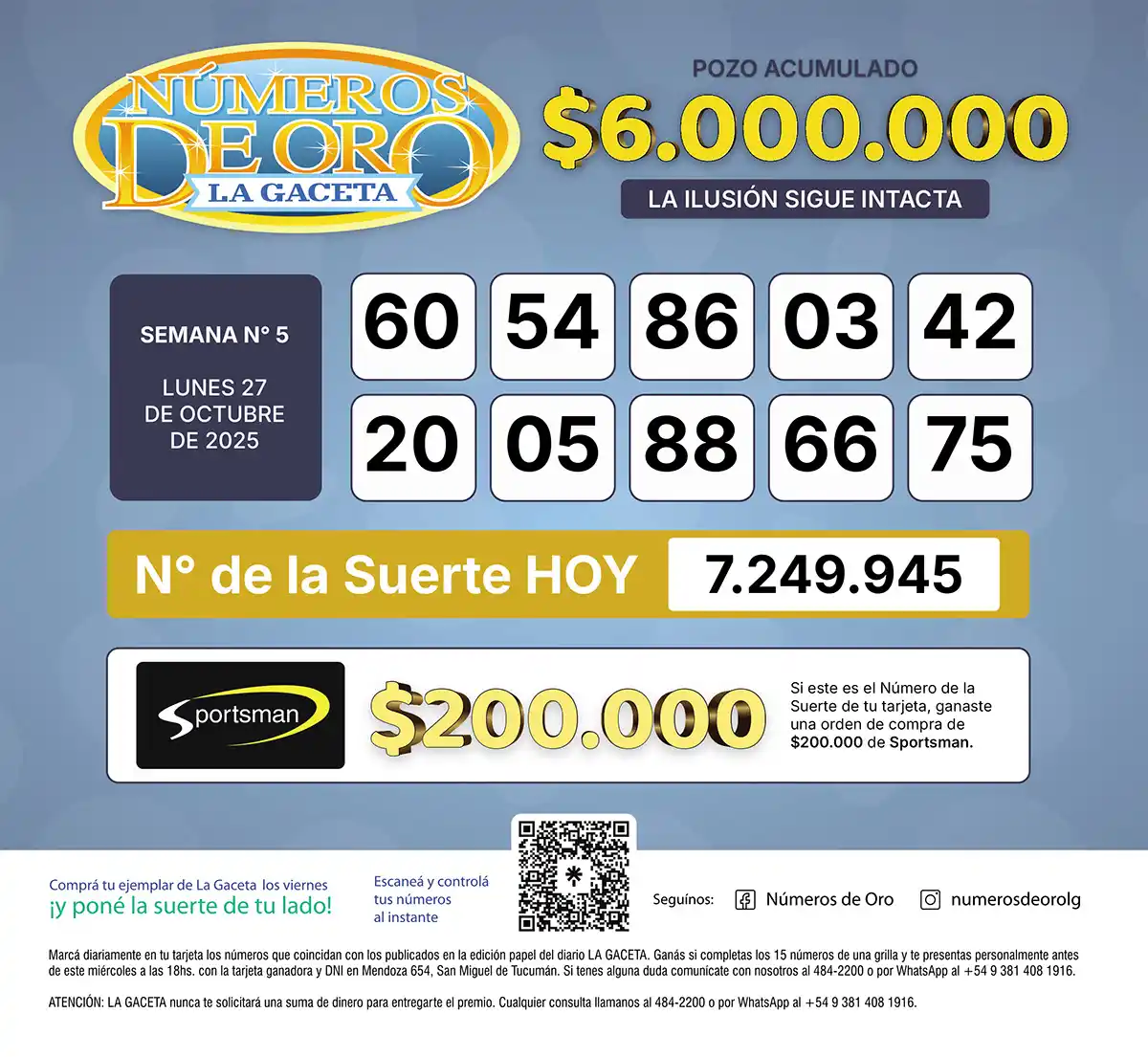 Los Números de Oro de LA GACETA del 27 de octubre de 2023