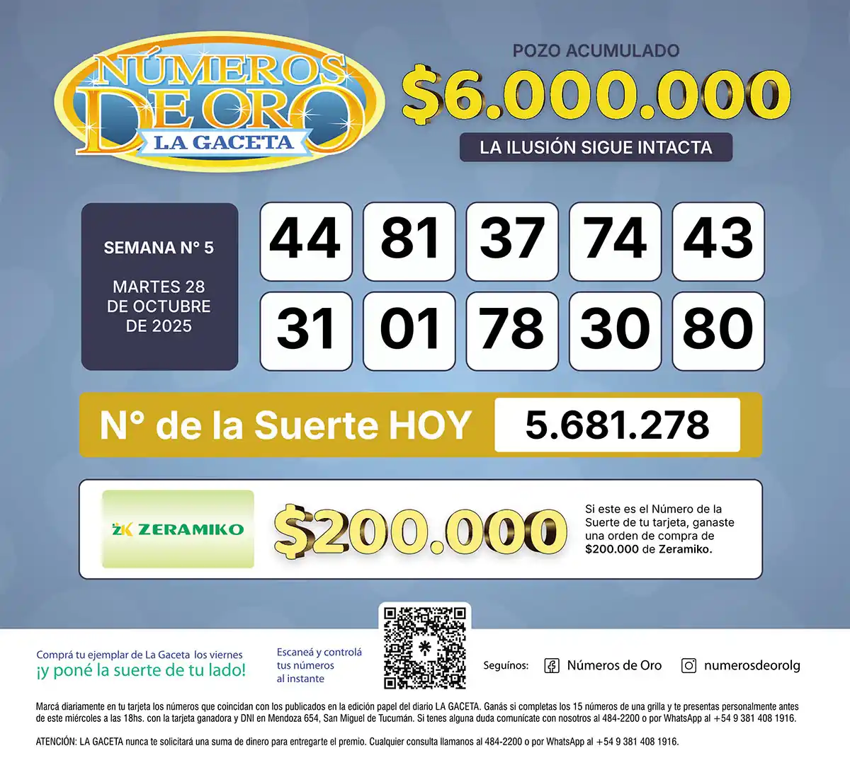 Los Números de Oro de LA GACETA del 28 de octubre de 2025