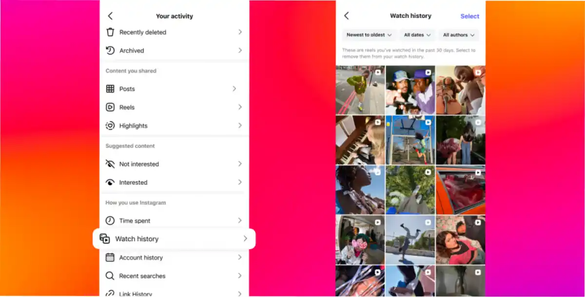Instagram sumó el historial de Reels a la plataforma.