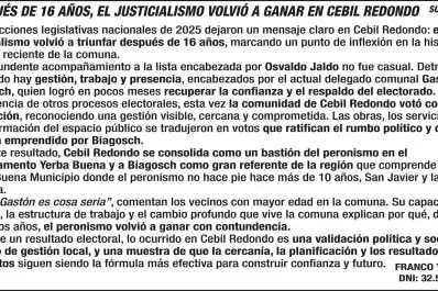Solicitada: después de 16 años, el justicialismo volvió a ganar en Cebil Redondo