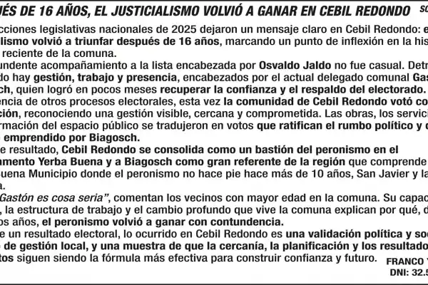 Solicitada: después de 16 años, el justicialismo volvió a ganar en Cebil Redondo