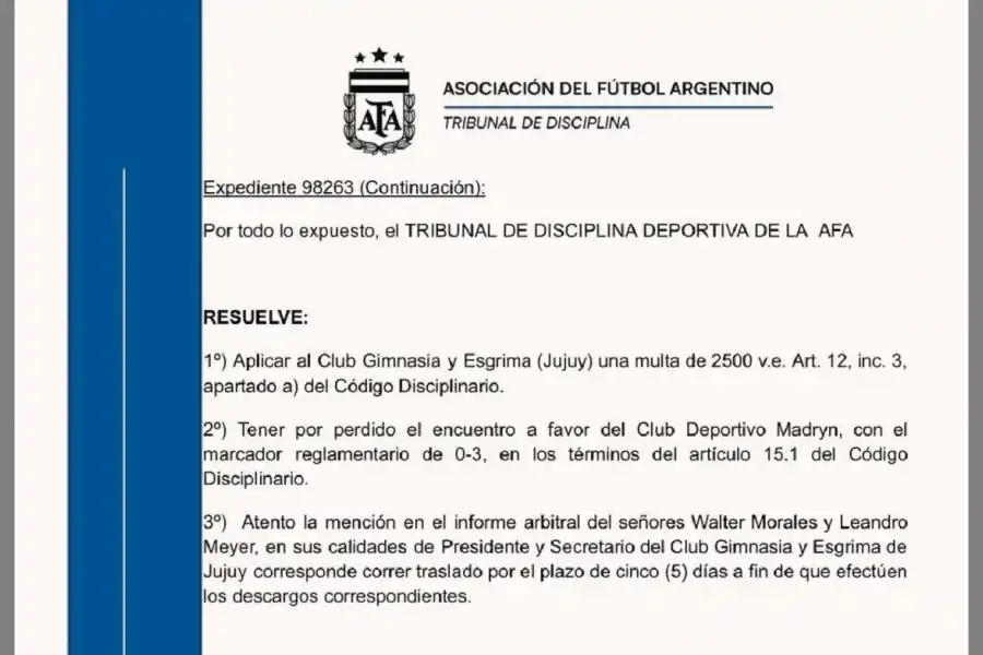 Oficial y con polémica: la AFA confirmó el triunfo 3-0 de Deportivo Madryn sobre Gimnasia de Jujuy