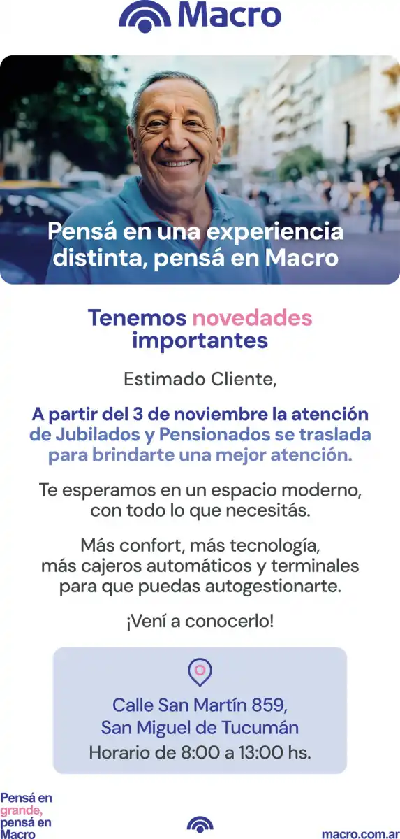 Banco Macro anunció el traslado del centro de pago para jubilados y pensionados