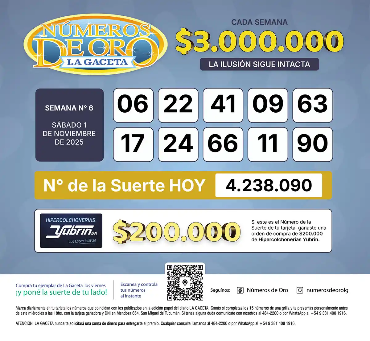 Los Números de Oro de LA GACETA del 1 de noviembre de 2025